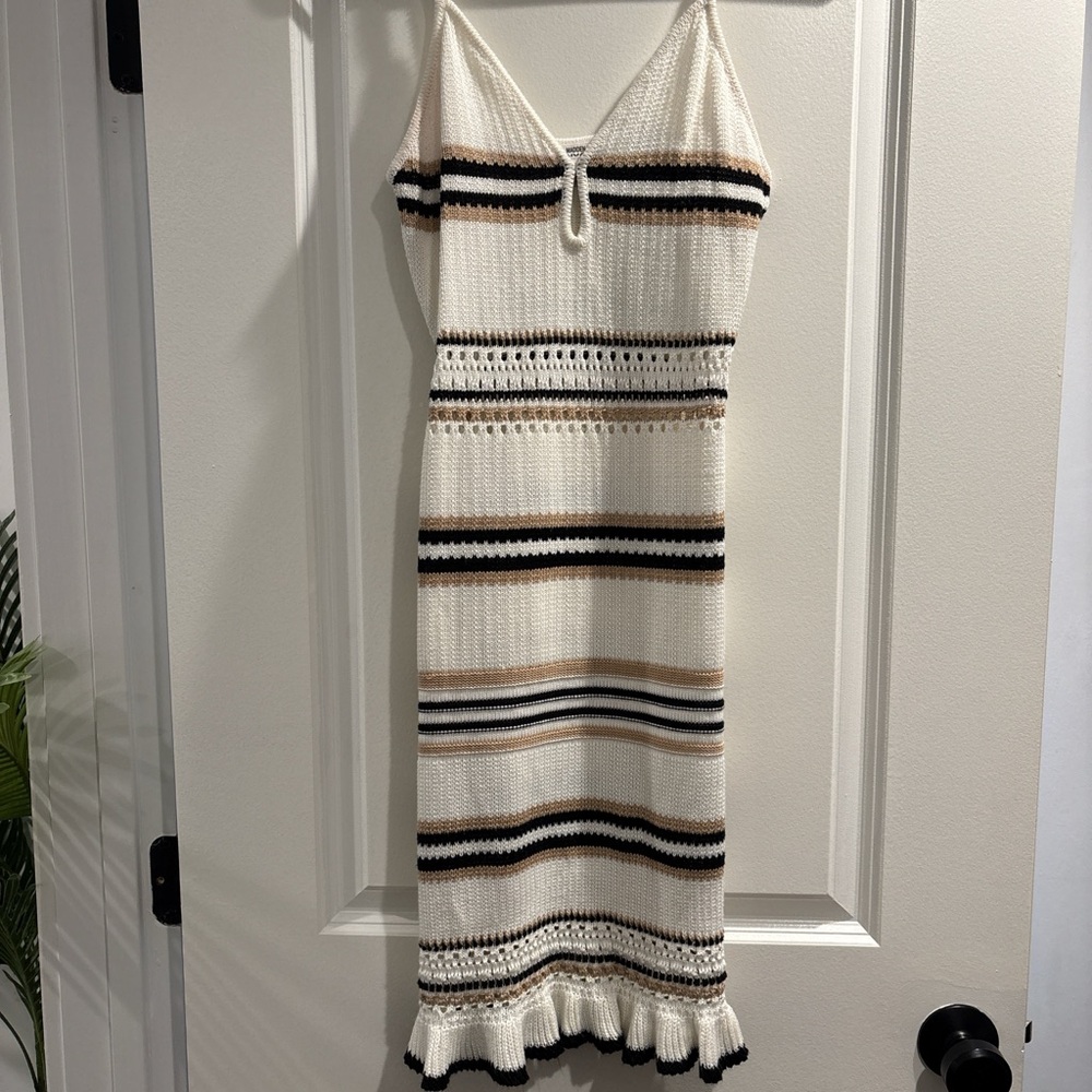 Elegant Striped Knit Dress - Cream, Black, Brown